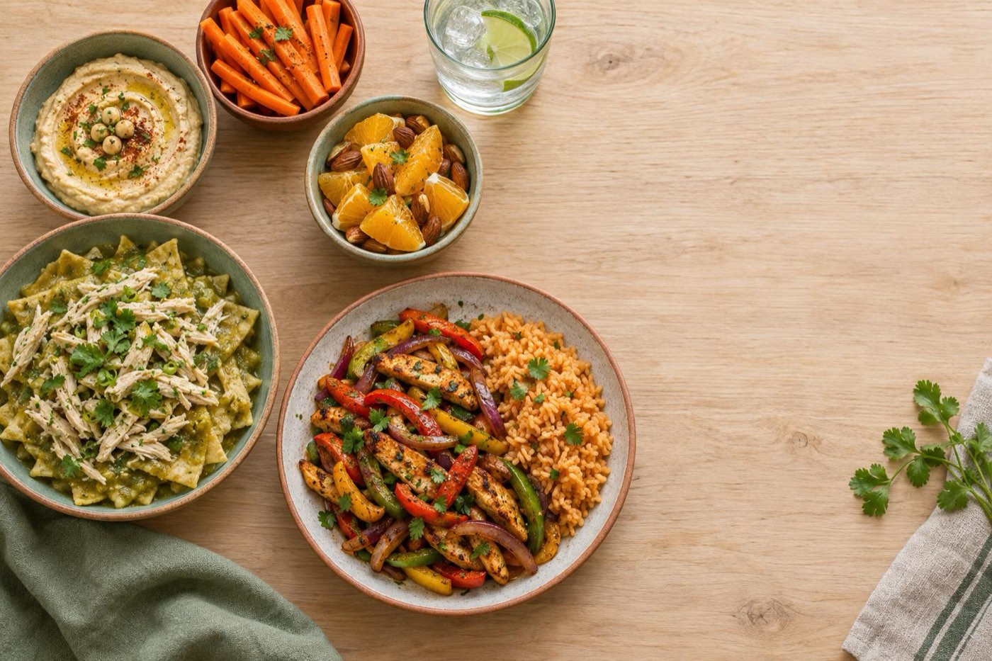 Platillos sin lácteos: chilaquiles con pollo, fajitas con arroz, hummus y fruta con almendras