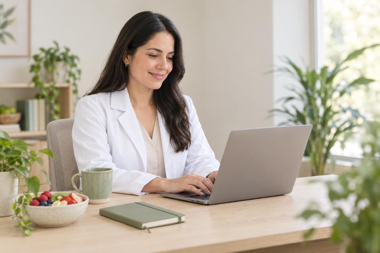 Una nutrióloga con bata escribe en su laptop