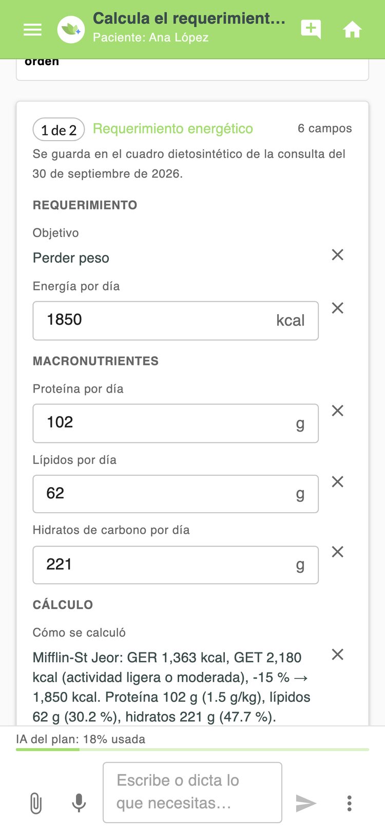 El asistente en el celular con el requerimiento energético de una paciente