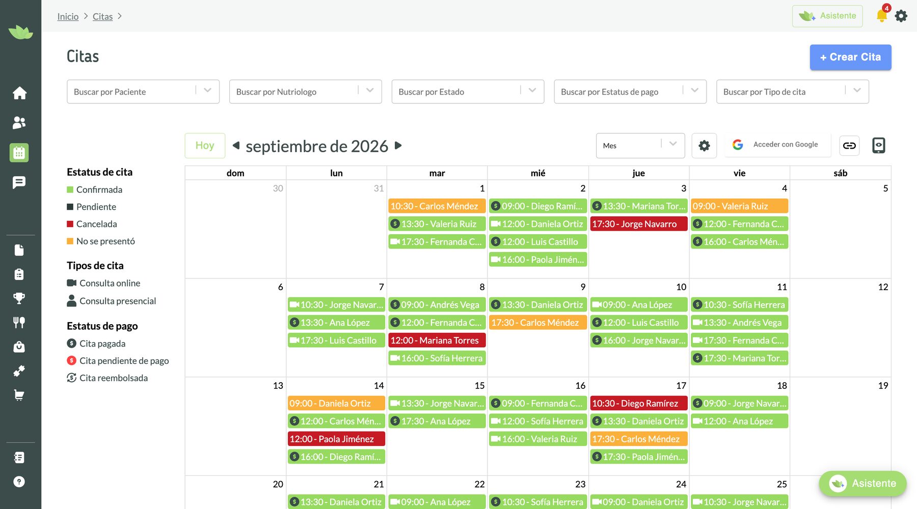 Calendario de citas con estatus y pagos