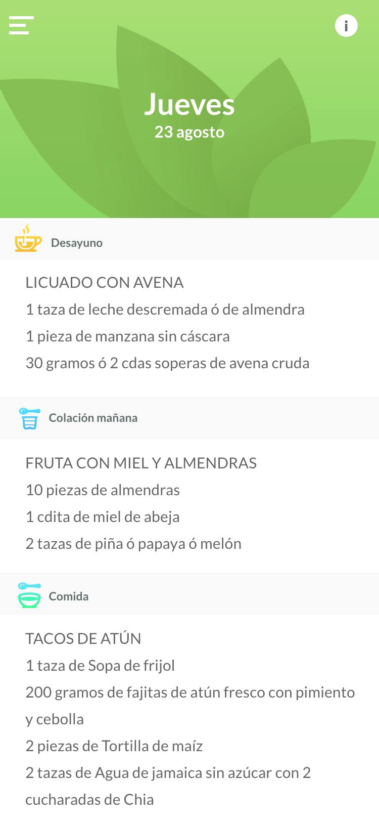 Menú semanal con kcal y macros por platillo